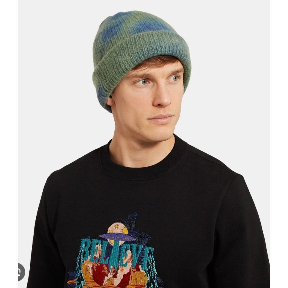 The Elder Statesman Green Blue Tie Dye 100% Cashmere Ribbed Knit Beanie Hat